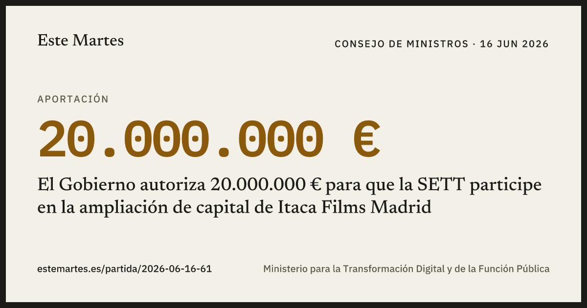 Tarjeta: El Gobierno autoriza 20.000.000 € para que la SETT participe en la ampliación de capital de Itaca Films Madrid