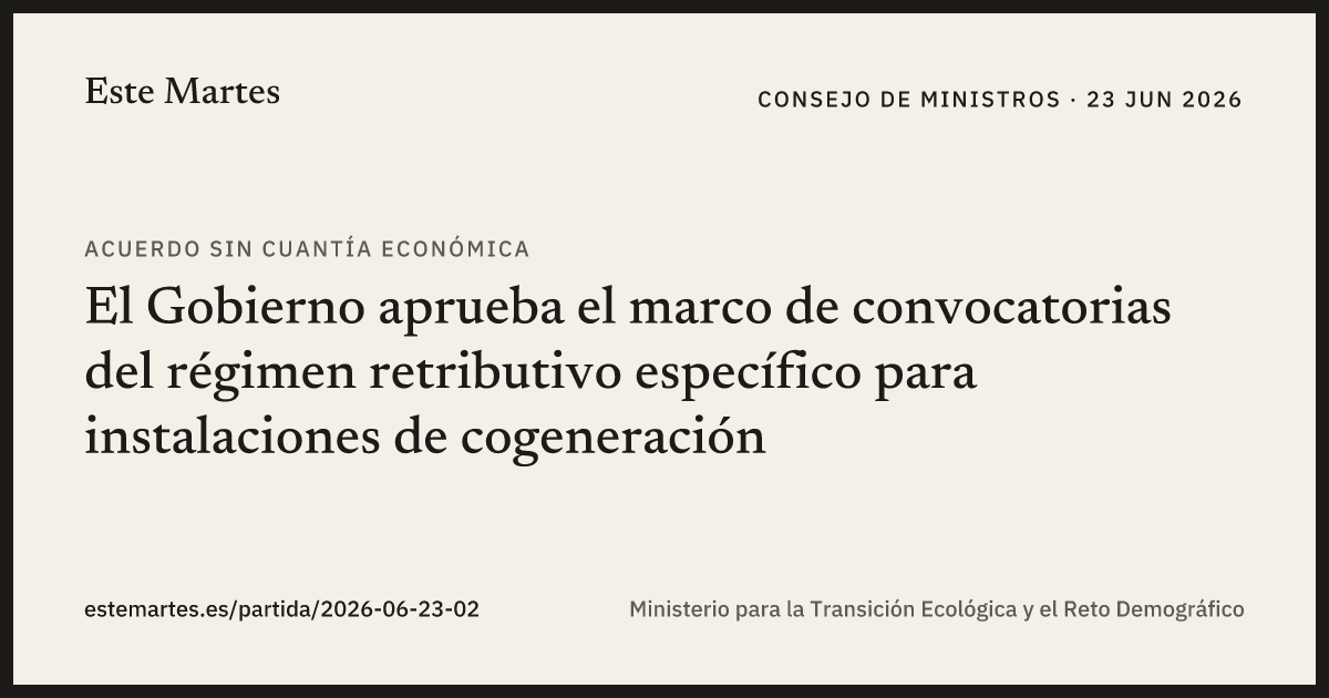 Tarjeta: El Gobierno aprueba el marco de convocatorias del régimen retributivo específico para instalaciones de cogeneración