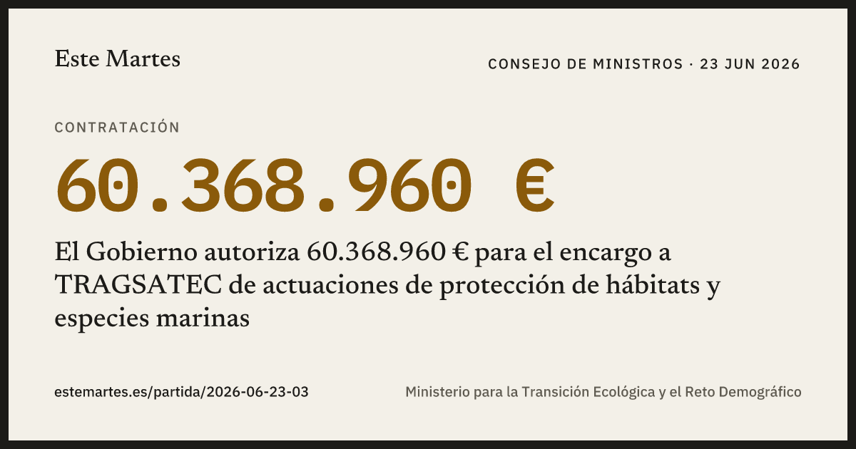 Tarjeta: El Gobierno autoriza 60.368.960 € para el encargo a TRAGSATEC de actuaciones de protección de hábitats y especies marinas