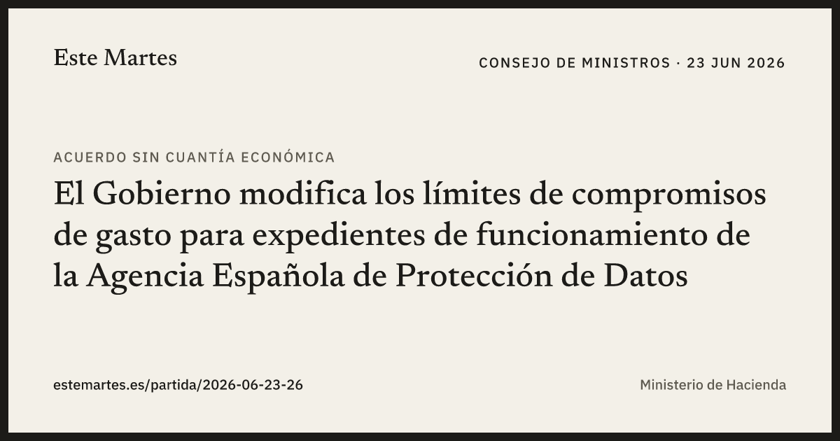 Tarjeta: El Gobierno modifica los límites de compromisos de gasto para expedientes de funcionamiento de la Agencia Española de Protección de Datos
