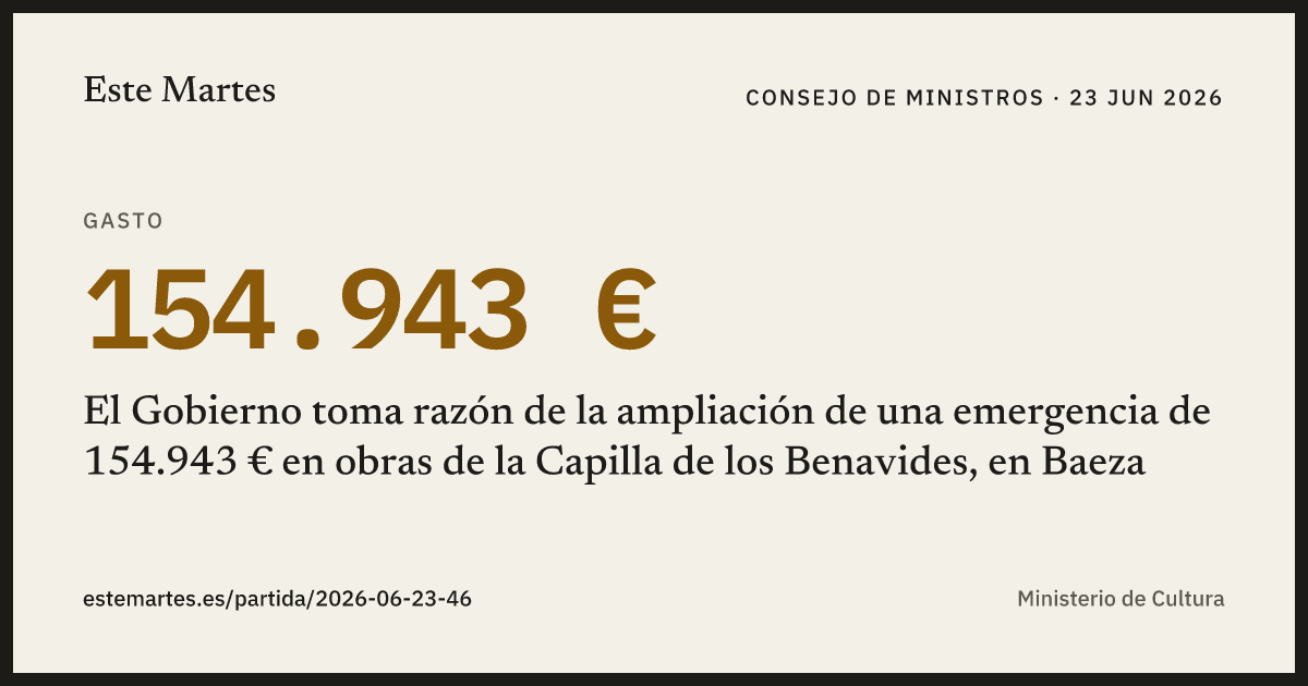 Tarjeta: El Gobierno toma razón de la ampliación de una emergencia de 154.943 € en obras de la Capilla de los Benavides, en Baeza