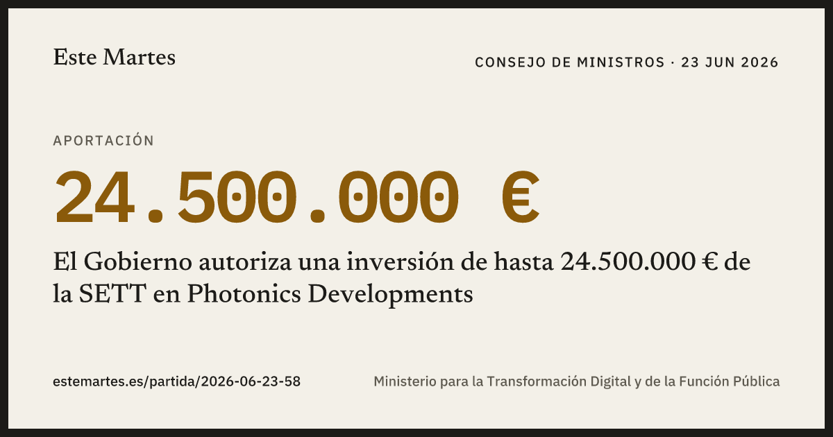 Tarjeta: El Gobierno autoriza una inversión de hasta 24.500.000 € de la SETT en Photonics Developments