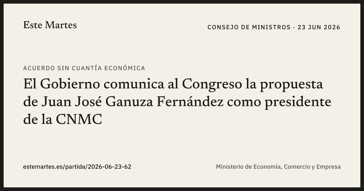 Tarjeta: El Gobierno comunica al Congreso la propuesta de Juan José Ganuza Fernández como presidente de la CNMC