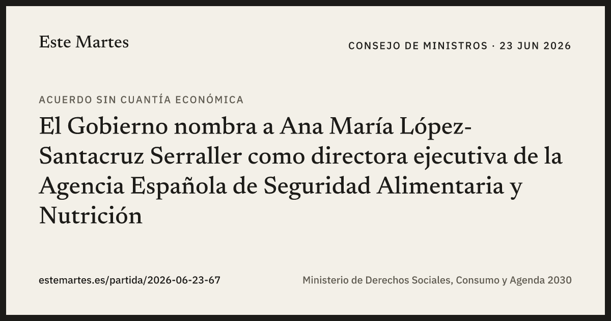 Tarjeta: El Gobierno nombra a Ana María López-Santacruz Serraller como directora ejecutiva de la Agencia Española de Seguridad Alimentaria y Nutrición