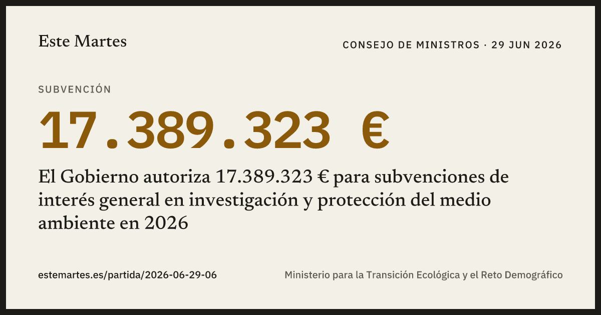 Tarjeta: El Gobierno autoriza 17.389.323 € para subvenciones de interés general en investigación y protección del medio ambiente en 2026