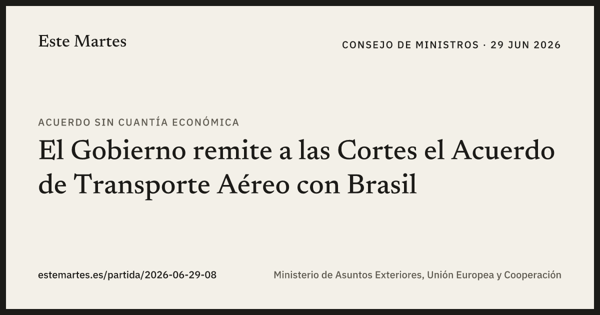 Tarjeta: El Gobierno remite a las Cortes el Acuerdo de Transporte Aéreo con Brasil