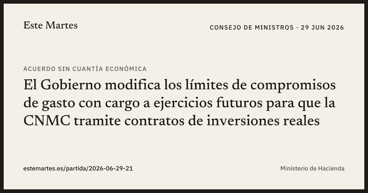 Tarjeta: El Gobierno modifica los límites de compromisos de gasto con cargo a ejercicios futuros para que la CNMC tramite contratos de inversiones reales