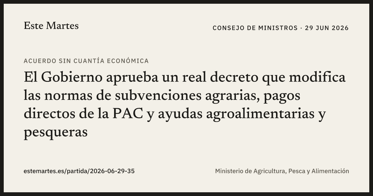 Tarjeta: El Gobierno aprueba un real decreto que modifica las normas de subvenciones agrarias, pagos directos de la PAC y ayudas agroalimentarias y pesqueras