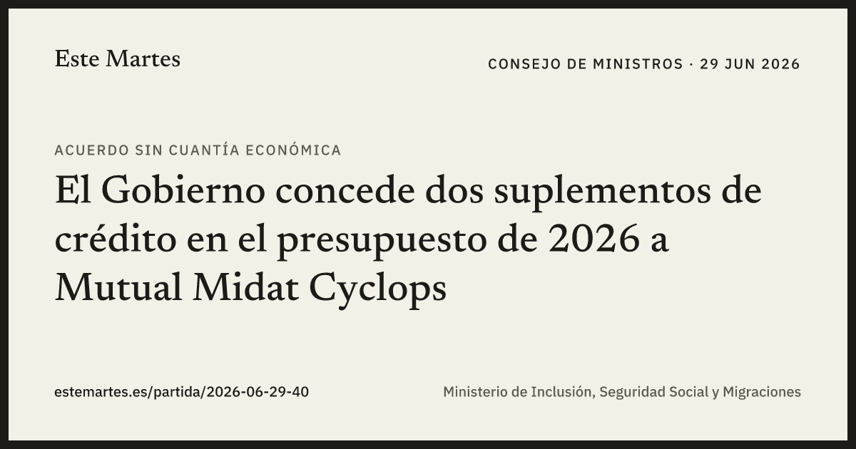 Tarjeta: El Gobierno concede dos suplementos de crédito en el presupuesto de 2026 a Mutual Midat Cyclops