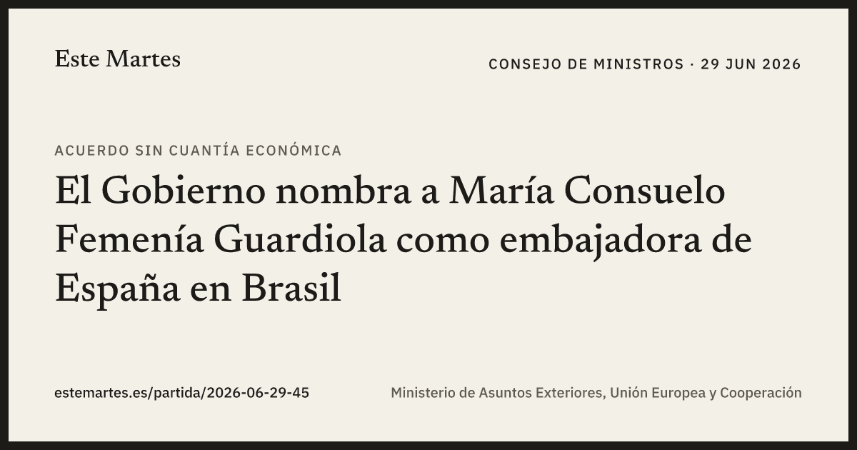 Tarjeta: El Gobierno nombra a María Consuelo Femenía Guardiola como embajadora de España en Brasil