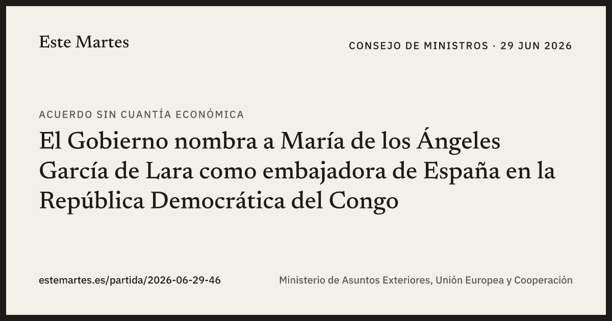Tarjeta: El Gobierno nombra a María de los Ángeles García de Lara como embajadora de España en la República Democrática del Congo