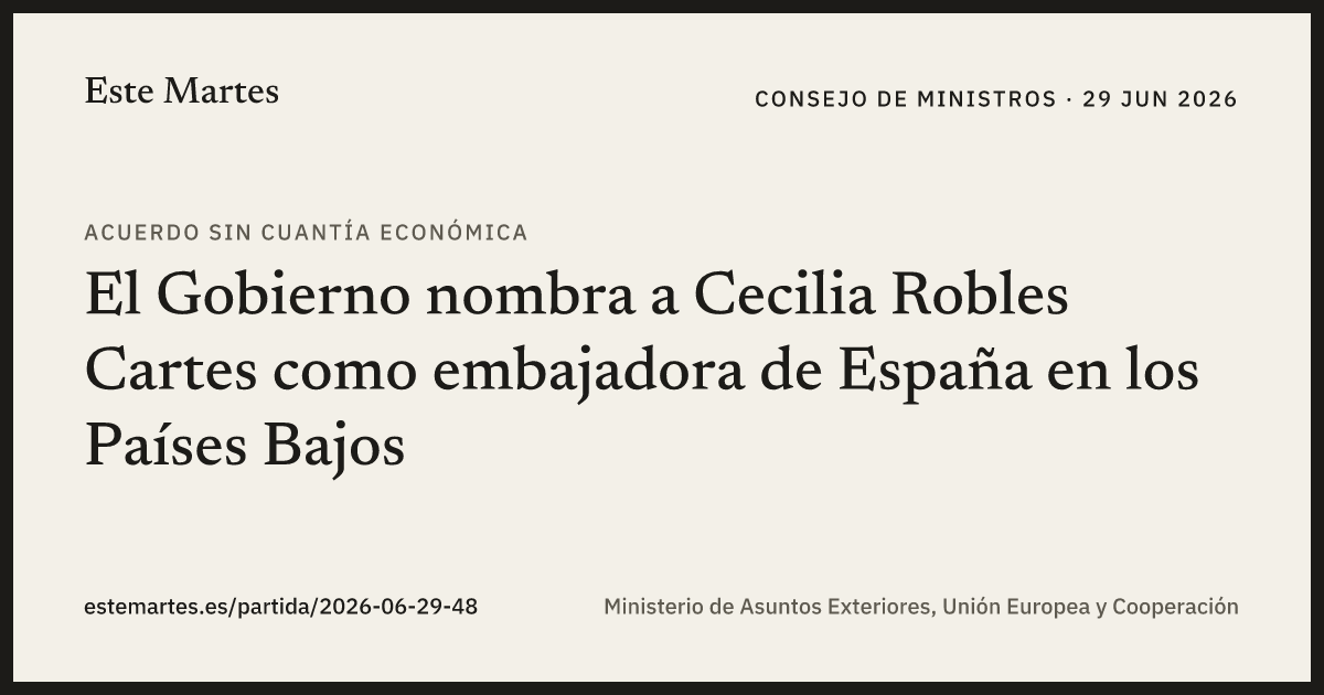 Tarjeta: El Gobierno nombra a Cecilia Robles Cartes como embajadora de España en los Países Bajos