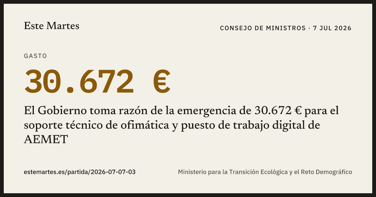 Tarjeta: El Gobierno toma razón de la emergencia de 30.672 € para el soporte técnico de ofimática y puesto de trabajo digital de AEMET