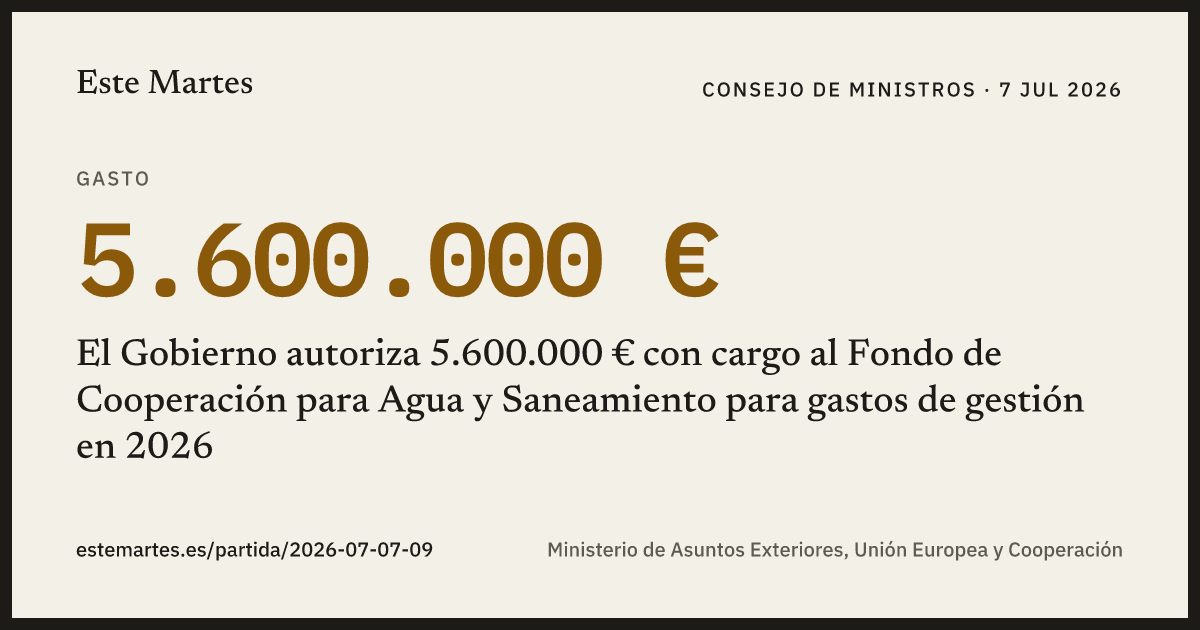 Tarjeta: El Gobierno autoriza 5.600.000 € con cargo al Fondo de Cooperación para Agua y Saneamiento para gastos de gestión en 2026