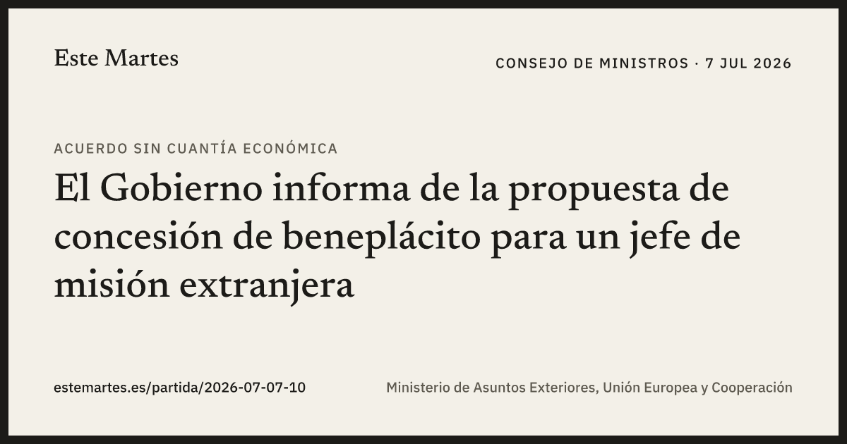 Tarjeta: El Gobierno informa de la propuesta de concesión de beneplácito para un jefe de misión extranjera