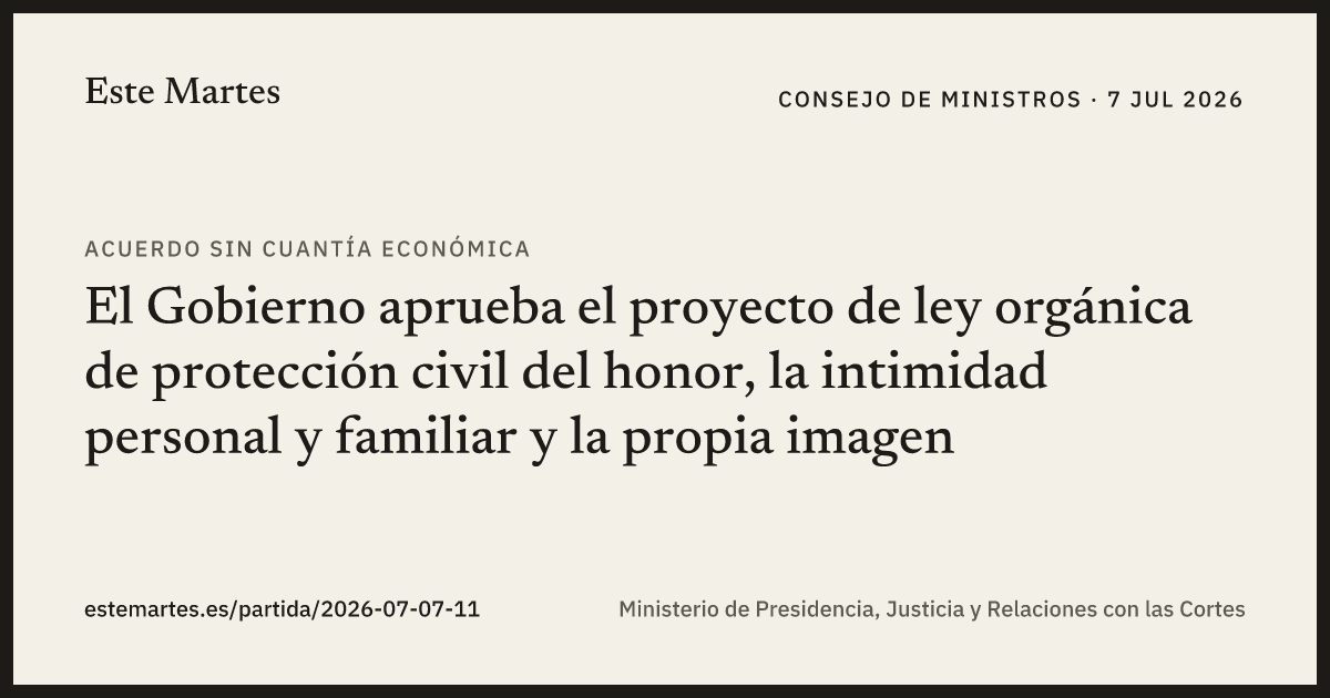 Tarjeta: El Gobierno aprueba el proyecto de ley orgánica de protección civil del honor, la intimidad personal y familiar y la propia imagen