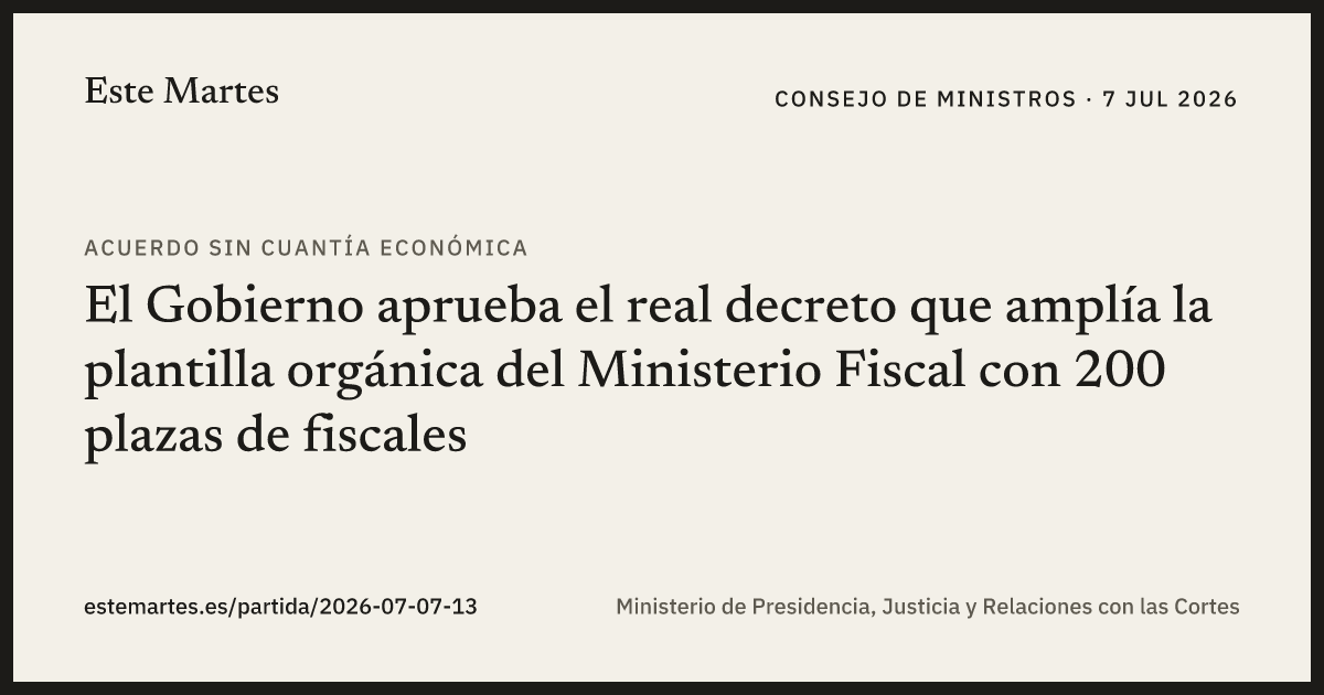 Tarjeta: El Gobierno aprueba el real decreto que amplía la plantilla orgánica del Ministerio Fiscal con 200 plazas de fiscales