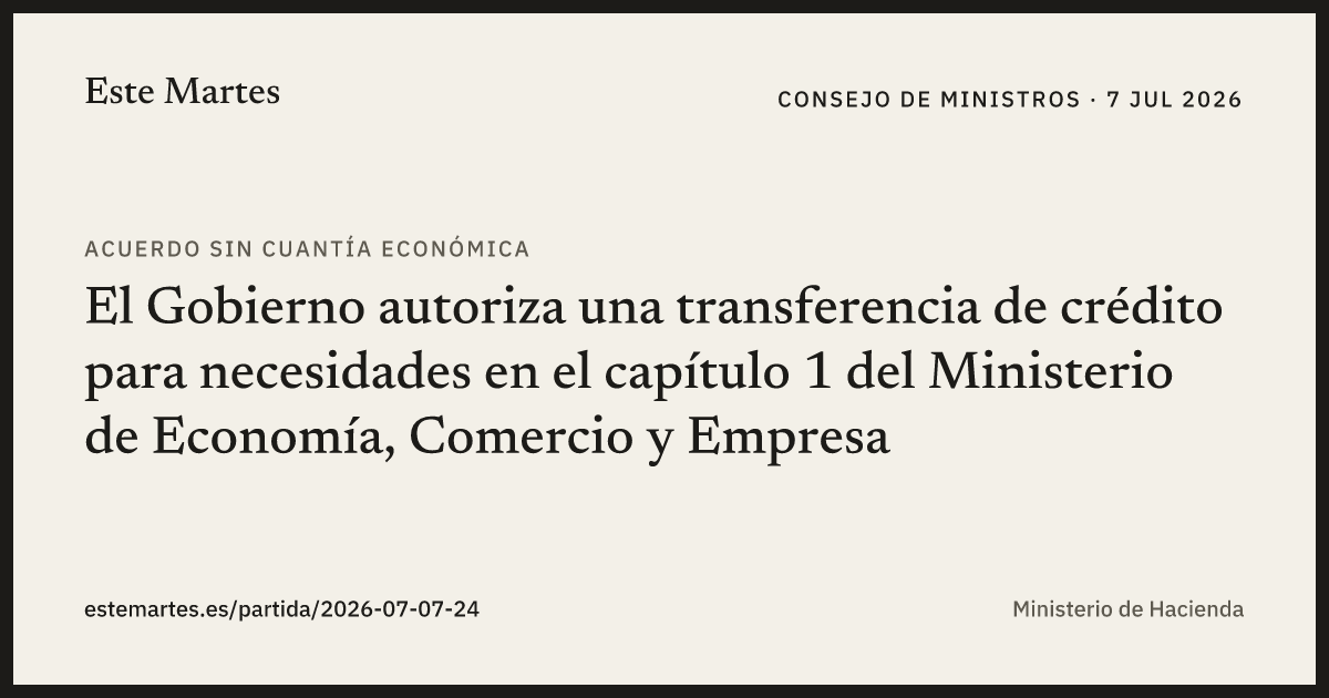 Tarjeta: El Gobierno autoriza una transferencia de crédito para necesidades en el capítulo 1 del Ministerio de Economía, Comercio y Empresa