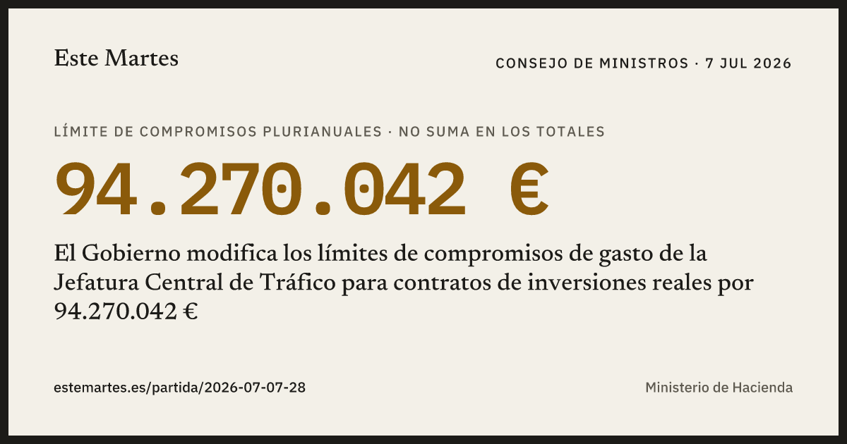 Tarjeta: El Gobierno modifica los límites de compromisos de gasto de la Jefatura Central de Tráfico para contratos de inversiones reales por 94.270.042 €
