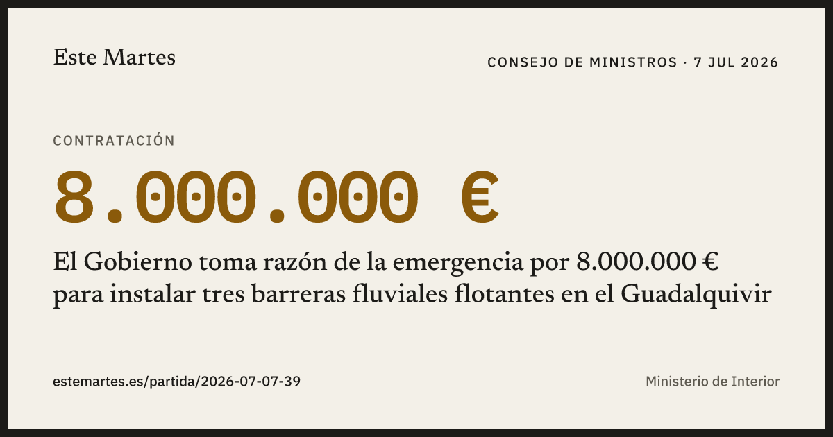 Tarjeta: El Gobierno toma razón de la emergencia por 8.000.000 € para instalar tres barreras fluviales flotantes en el Guadalquivir
