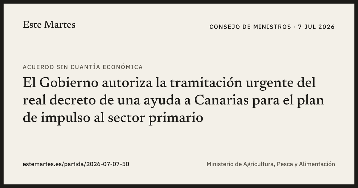 Tarjeta: El Gobierno autoriza la tramitación urgente del real decreto de una ayuda a Canarias para el plan de impulso al sector primario