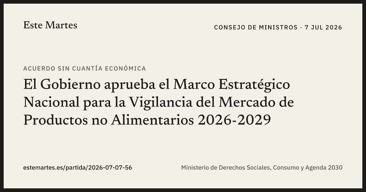 Tarjeta: El Gobierno aprueba el Marco Estratégico Nacional para la Vigilancia del Mercado de Productos no Alimentarios 2026-2029