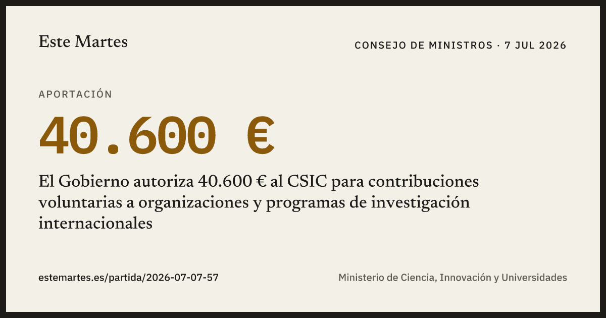 Tarjeta: El Gobierno autoriza 40.600 € al CSIC para contribuciones voluntarias a organizaciones y programas de investigación internacionales