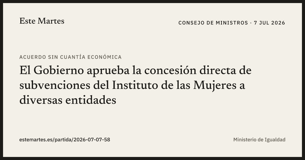 Tarjeta: El Gobierno aprueba la concesión directa de subvenciones del Instituto de las Mujeres a diversas entidades