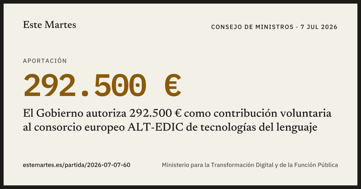 Tarjeta: El Gobierno autoriza 292.500 € como contribución voluntaria al consorcio europeo ALT-EDIC de tecnologías del lenguaje