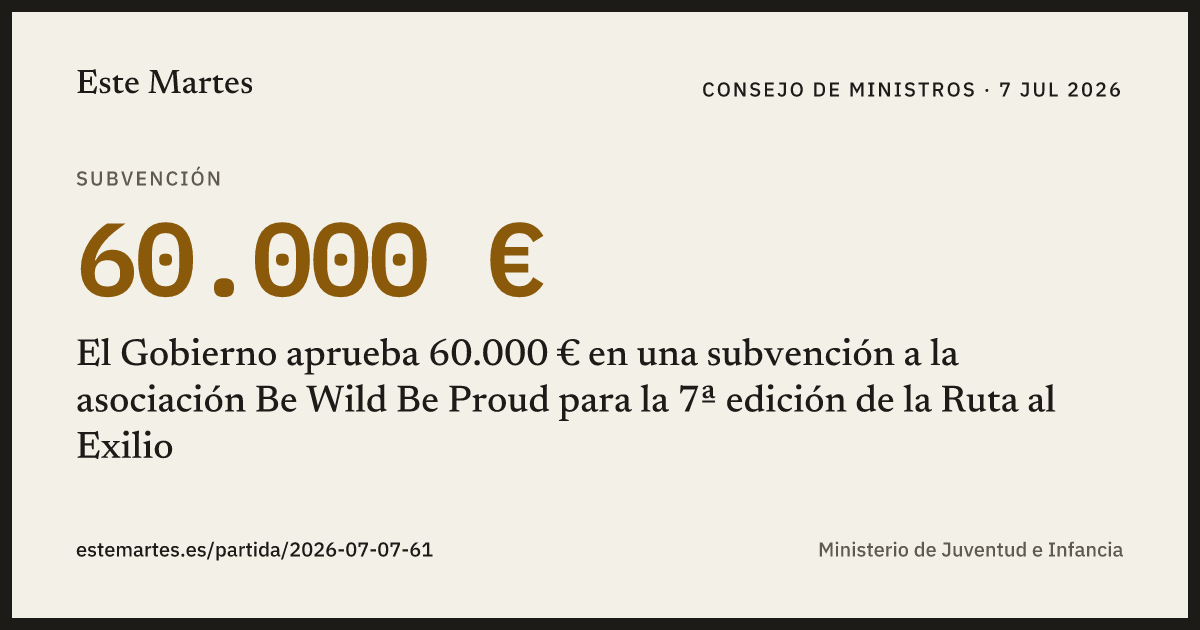 Tarjeta: El Gobierno aprueba 60.000 € en una subvención a la asociación Be Wild Be Proud para la 7ª edición de la Ruta al Exilio