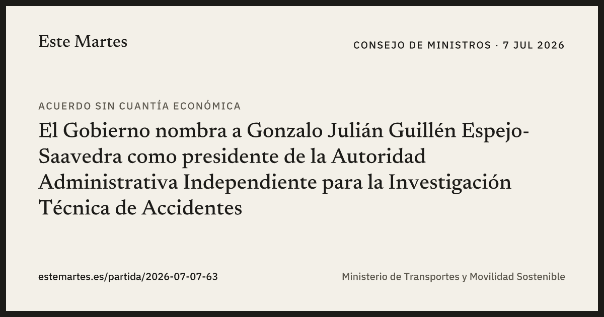 Tarjeta: El Gobierno nombra a Gonzalo Julián Guillén Espejo-Saavedra como presidente de la Autoridad Administrativa Independiente para la Investigación Técnica de Accidentes