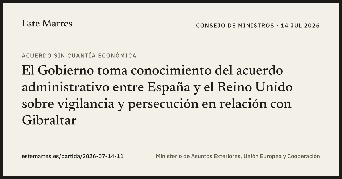Tarjeta: El Gobierno toma conocimiento del acuerdo administrativo entre España y el Reino Unido sobre vigilancia y persecución en relación con Gibraltar