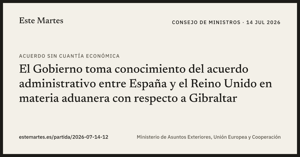 Tarjeta: El Gobierno toma conocimiento del acuerdo administrativo entre España y el Reino Unido en materia aduanera con respecto a Gibraltar