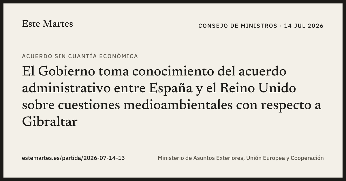 Tarjeta: El Gobierno toma conocimiento del acuerdo administrativo entre España y el Reino Unido sobre cuestiones medioambientales con respecto a Gibraltar