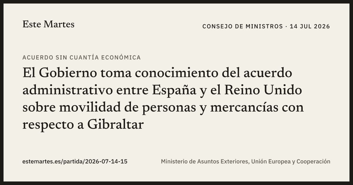 Tarjeta: El Gobierno toma conocimiento del acuerdo administrativo entre España y el Reino Unido sobre movilidad de personas y mercancías con respecto a Gibraltar