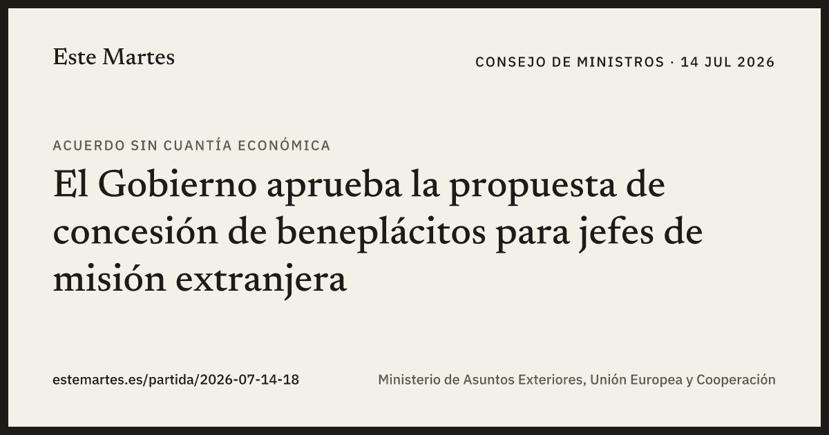 Tarjeta: El Gobierno aprueba la propuesta de concesión de beneplácitos para jefes de misión extranjera