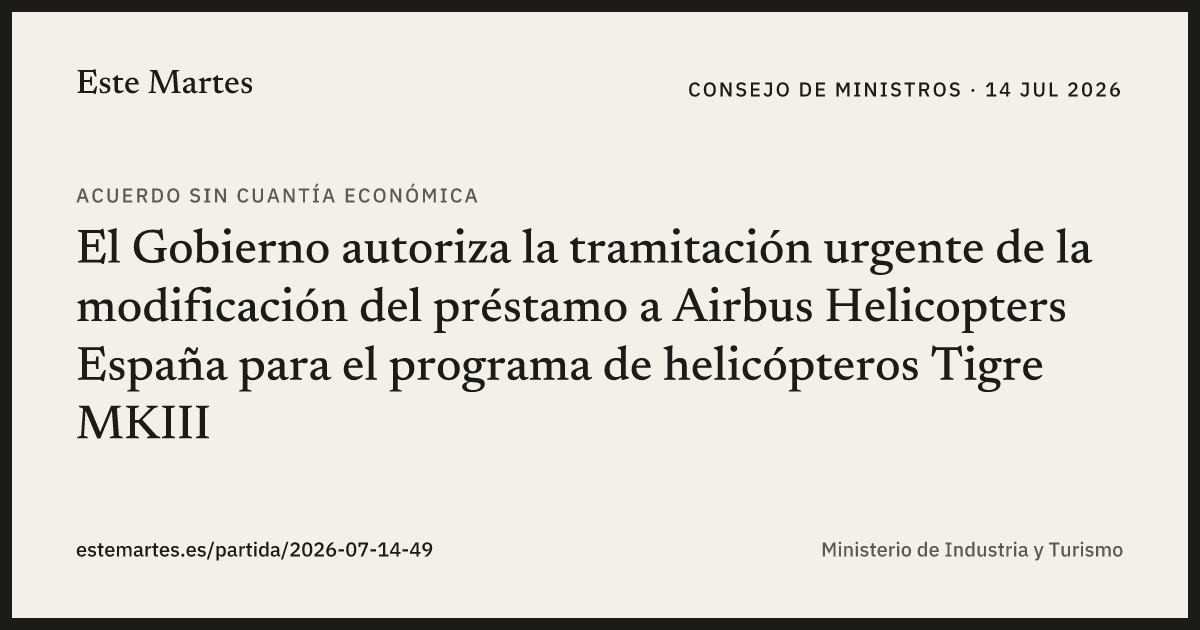Tarjeta: El Gobierno autoriza la tramitación urgente de la modificación del préstamo a Airbus Helicopters España para el programa de helicópteros Tigre MKIII
