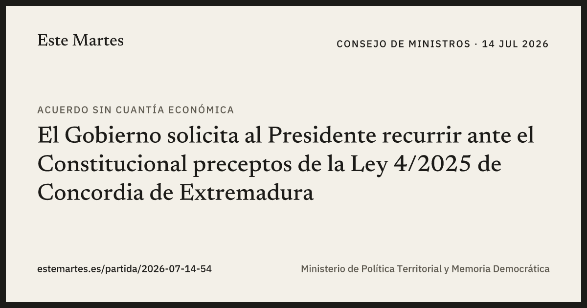 Tarjeta: El Gobierno solicita al Presidente recurrir ante el Constitucional preceptos de la Ley 4/2025 de Concordia de Extremadura