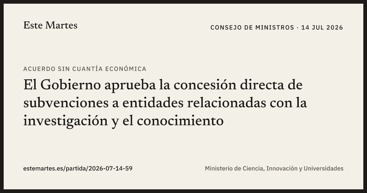 Tarjeta: El Gobierno aprueba la concesión directa de subvenciones a entidades relacionadas con la investigación y el conocimiento