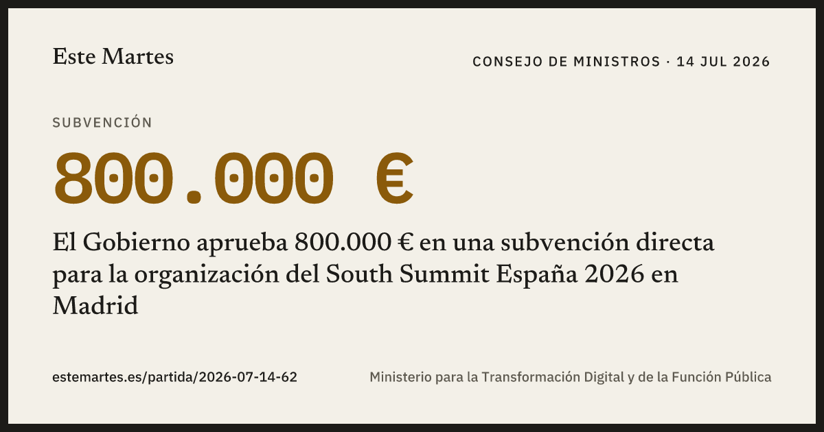 Tarjeta: El Gobierno aprueba 800.000 € en una subvención directa para la organización del South Summit España 2026 en Madrid