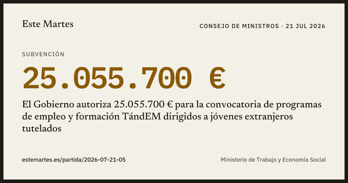 Tarjeta: El Gobierno autoriza 25.055.700 € para la convocatoria de programas de empleo y formación TándEM dirigidos a jóvenes extranjeros tutelados