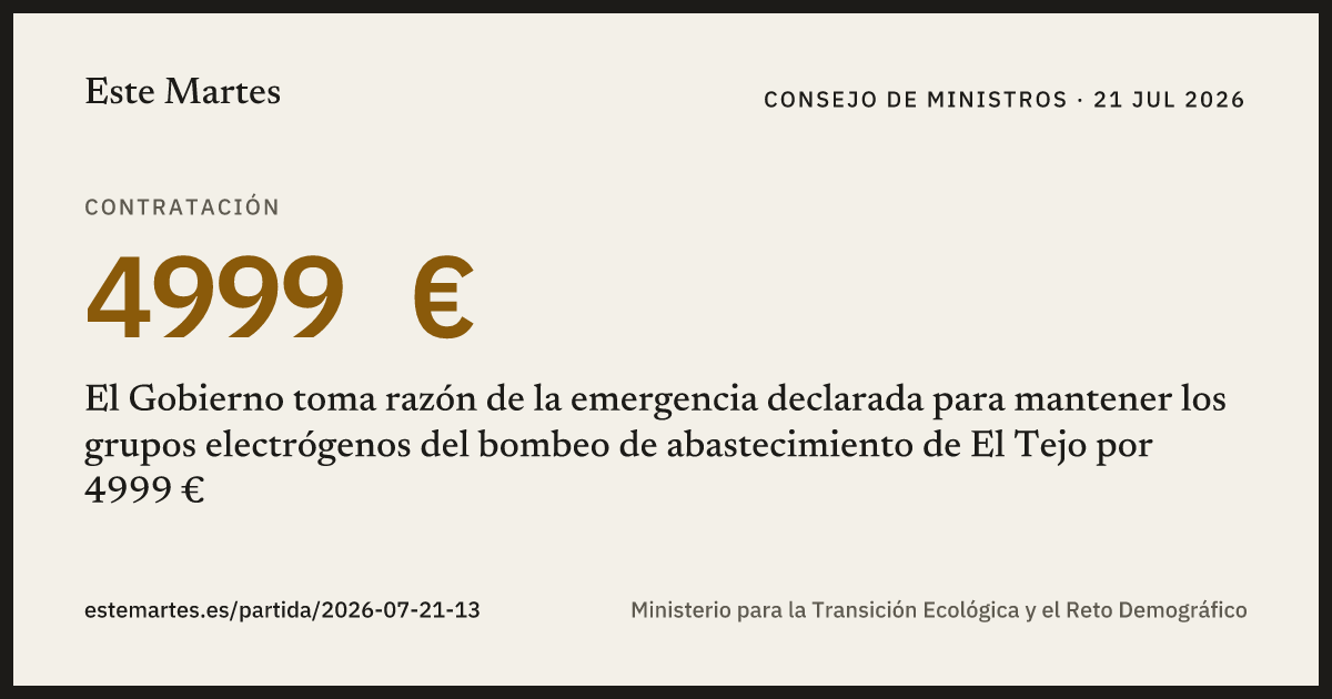 Tarjeta: El Gobierno toma razón de la emergencia declarada para mantener los grupos electrógenos del bombeo de abastecimiento de El Tejo por 4999 €