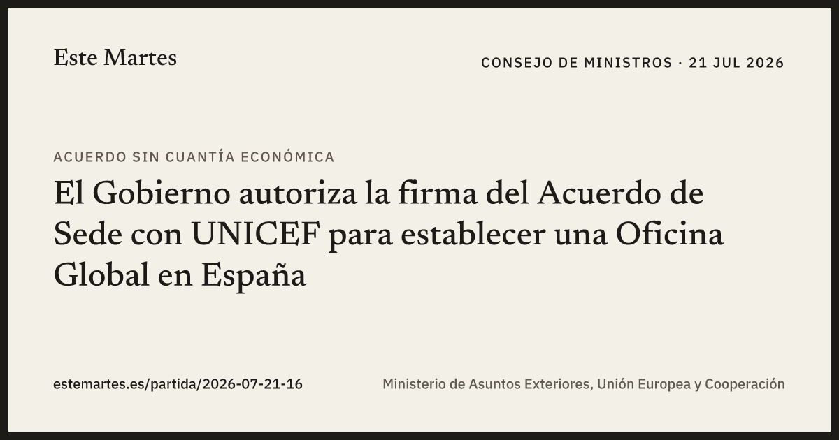 Tarjeta: El Gobierno autoriza la firma del Acuerdo de Sede con UNICEF para establecer una Oficina Global en España