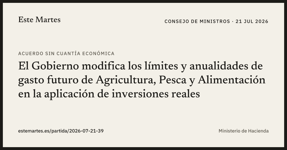 Tarjeta: El Gobierno modifica los límites y anualidades de gasto futuro de Agricultura, Pesca y Alimentación en la aplicación de inversiones reales