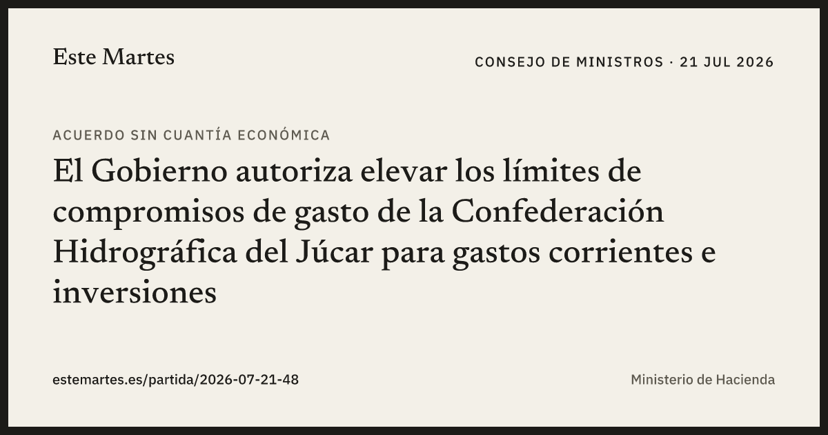 Tarjeta: El Gobierno autoriza elevar los límites de compromisos de gasto de la Confederación Hidrográfica del Júcar para gastos corrientes e inversiones