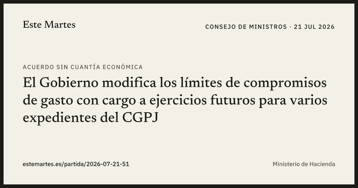 Tarjeta: El Gobierno modifica los límites de compromisos de gasto con cargo a ejercicios futuros para varios expedientes del CGPJ
