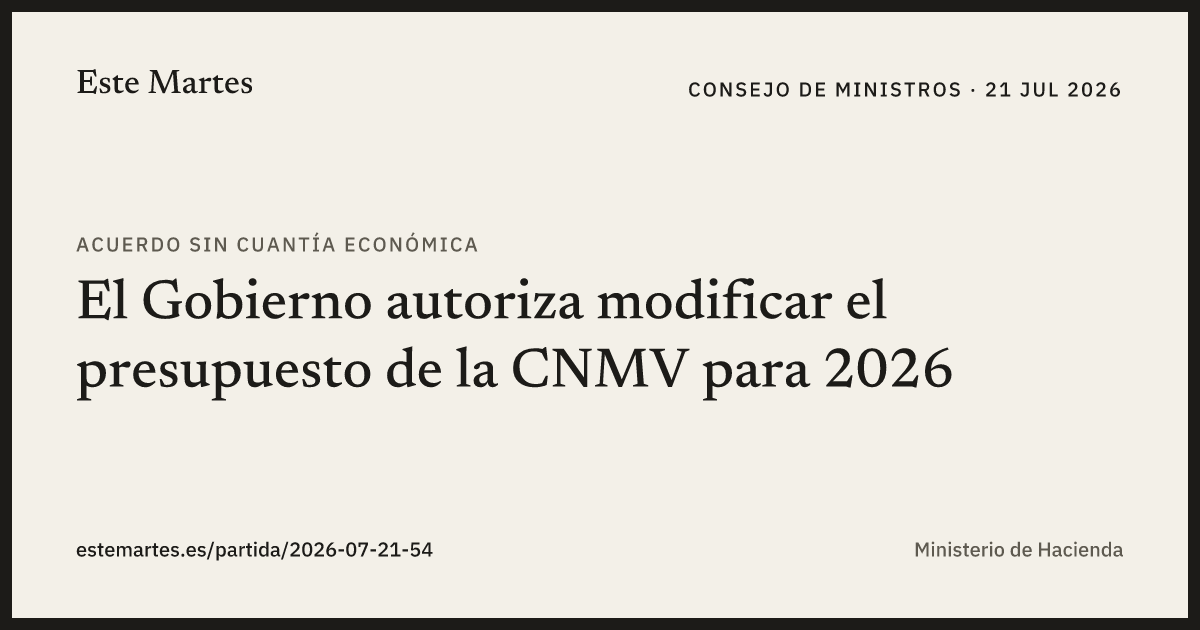 Tarjeta: El Gobierno autoriza modificar el presupuesto de la CNMV para 2026