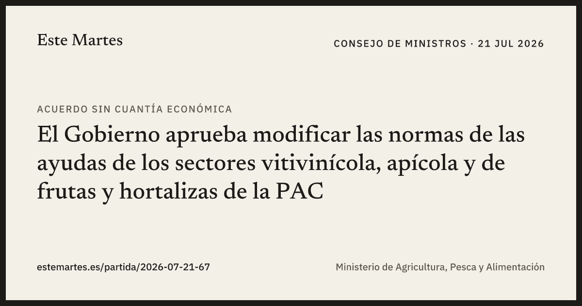 Tarjeta: El Gobierno aprueba modificar las normas de las ayudas de los sectores vitivinícola, apícola y de frutas y hortalizas de la PAC