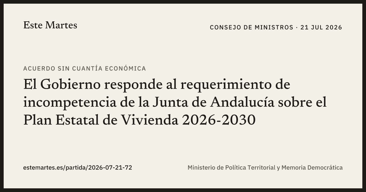 Tarjeta: El Gobierno responde al requerimiento de incompetencia de la Junta de Andalucía sobre el Plan Estatal de Vivienda 2026-2030