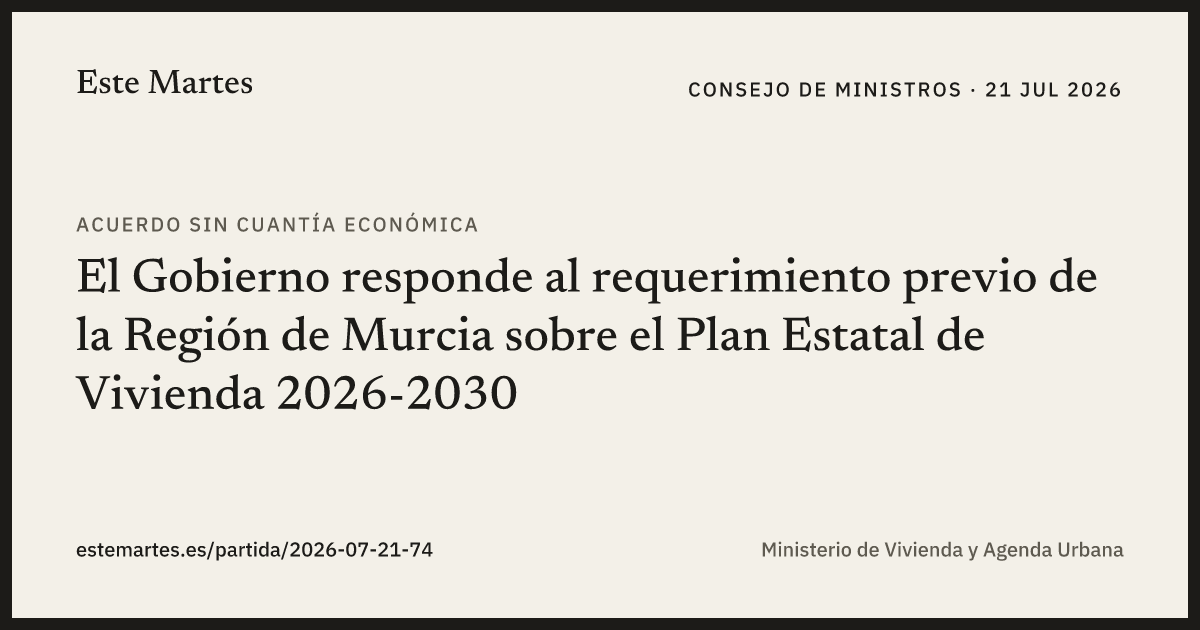 Tarjeta: El Gobierno responde al requerimiento previo de la Región de Murcia sobre el Plan Estatal de Vivienda 2026-2030